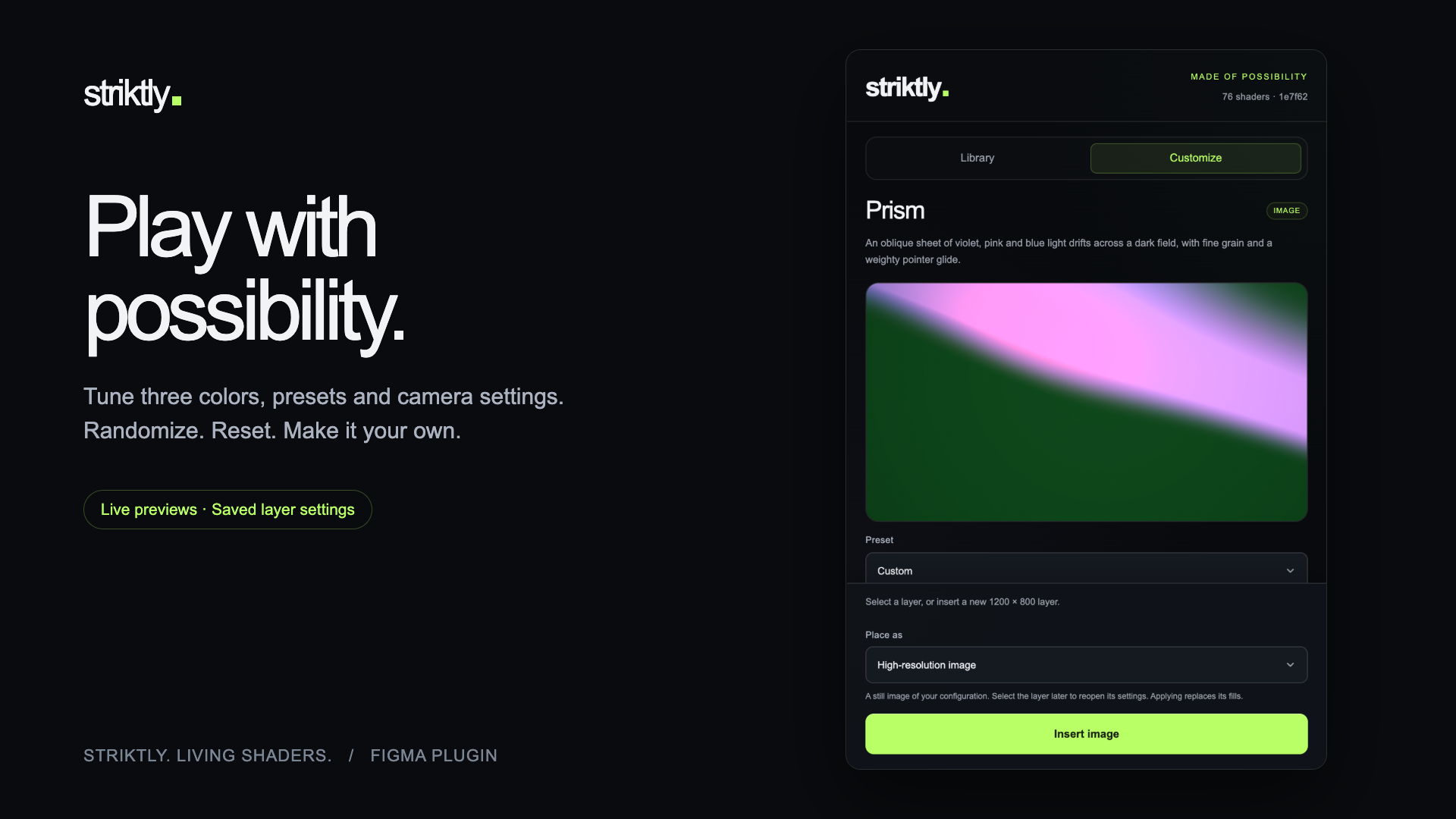 Striktly Figma plugin showing the Prism preview, customization controls, and Insert image action.